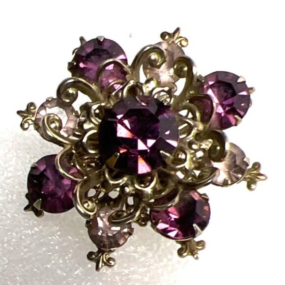 Vintage Purple Lavender Brooch Rhinestone Filigree Fleur-de-Lis Victorian Reviva - Picture 7 of 13